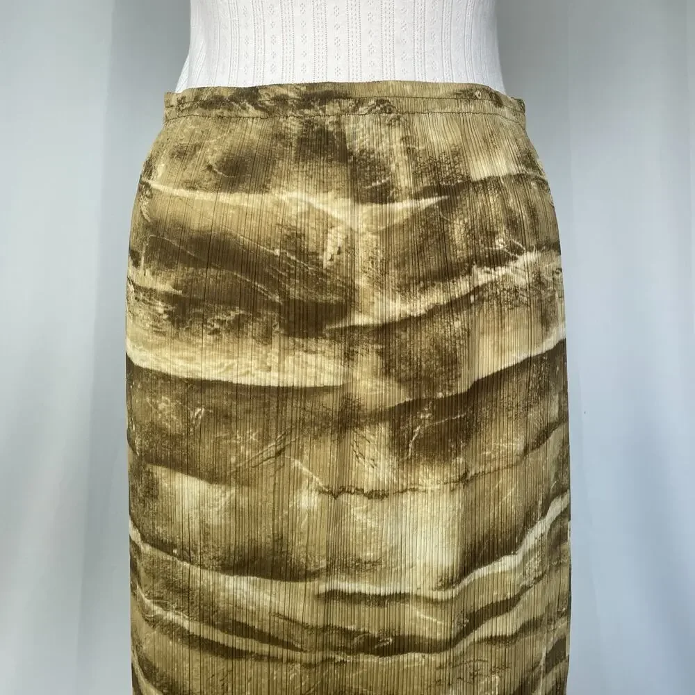 Boho Midi Skirt Size Small Green Brown Abstract Crinkle Pleated Fairy Whimsigoth